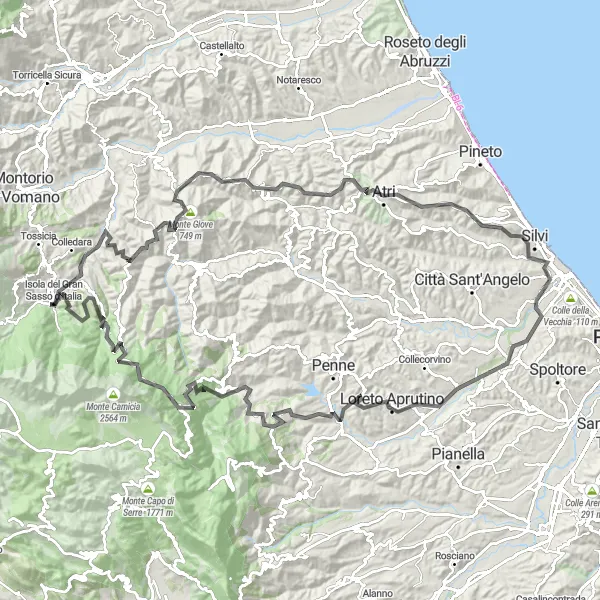 Miniatura della mappa di ispirazione al ciclismo "Giro in bicicletta intorno all'Isola del Gran Sasso d'Italia" nella regione di Abruzzo, Italy. Generata da Tarmacs.app, pianificatore di rotte ciclistiche