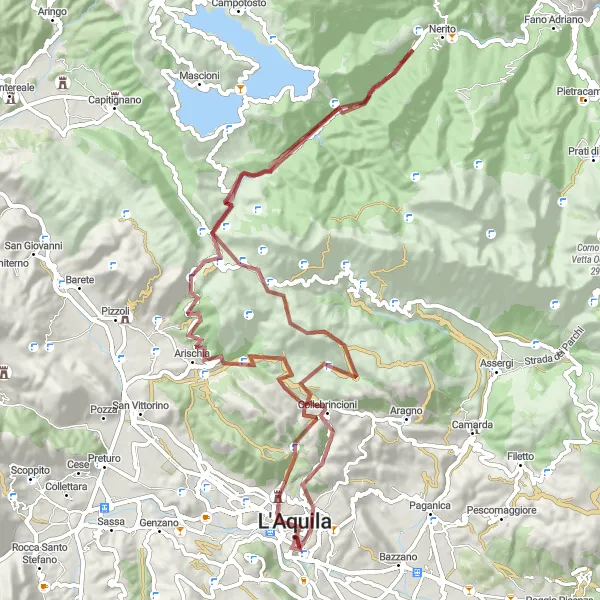 Miniatura della mappa di ispirazione al ciclismo "Trasversale Gravel attraverso Terre Selvagge" nella regione di Abruzzo, Italy. Generata da Tarmacs.app, pianificatore di rotte ciclistiche