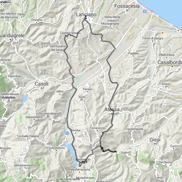 Map miniature of "Mountainous Escape" cycling inspiration in Abruzzo, Italy. Generated by Tarmacs.app cycling route planner