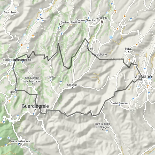 Map miniature of "Challenging Hill Climbs" cycling inspiration in Abruzzo, Italy. Generated by Tarmacs.app cycling route planner