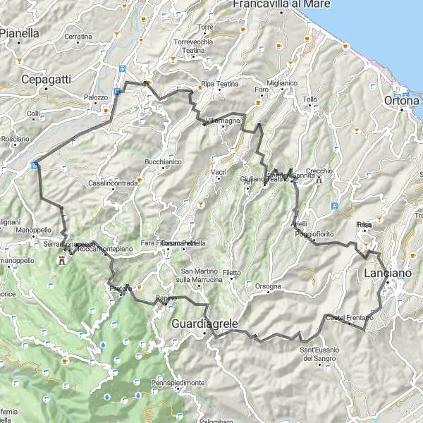 Miniature de la carte de l'inspiration cycliste "Circuit Castel Frentano-Villamagna" dans la Abruzzo, Italy. Générée par le planificateur d'itinéraire cycliste Tarmacs.app