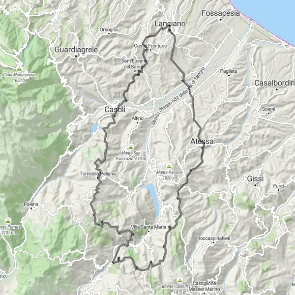 Miniature de la carte de l'inspiration cycliste "Boucle Fonte Tasca-Torricella Peligna" dans la Abruzzo, Italy. Générée par le planificateur d'itinéraire cycliste Tarmacs.app