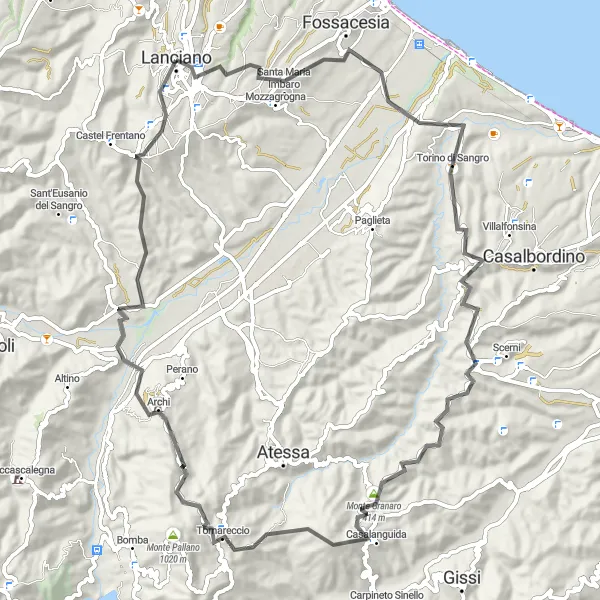 Map miniature of "Coastal Delights" cycling inspiration in Abruzzo, Italy. Generated by Tarmacs.app cycling route planner