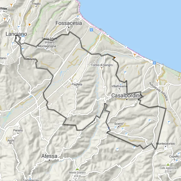 Map miniature of "Scenic Coastal Ride" cycling inspiration in Abruzzo, Italy. Generated by Tarmacs.app cycling route planner