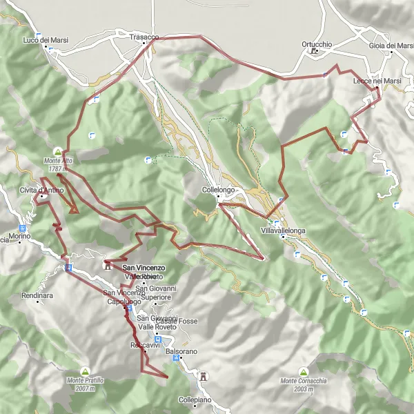 Miniatuurkaart van de fietsinspiratie "Gravelpad door de Marsi Vallei" in Abruzzo, Italy. Gemaakt door de Tarmacs.app fietsrouteplanner