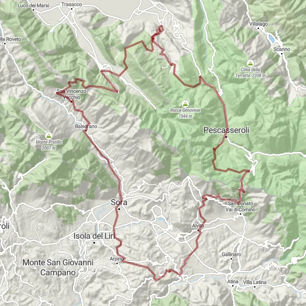 Miniatura della mappa di ispirazione al ciclismo "Avventura nei Marsi selvaggi" nella regione di Abruzzo, Italy. Generata da Tarmacs.app, pianificatore di rotte ciclistiche