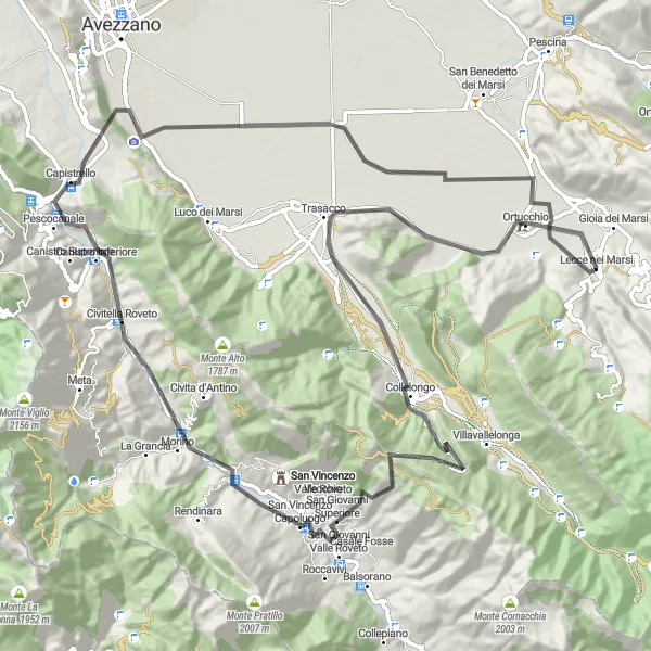 Miniatura della mappa di ispirazione al ciclismo "Giro in bicicletta verso Ortucchio e oltre" nella regione di Abruzzo, Italy. Generata da Tarmacs.app, pianificatore di rotte ciclistiche