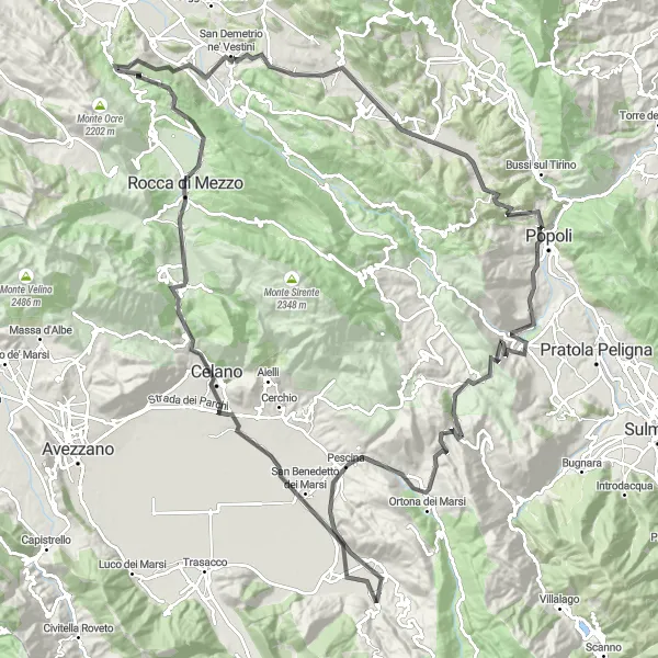 Miniatura della mappa di ispirazione al ciclismo "Attraverso la Valle del Pescara" nella regione di Abruzzo, Italy. Generata da Tarmacs.app, pianificatore di rotte ciclistiche