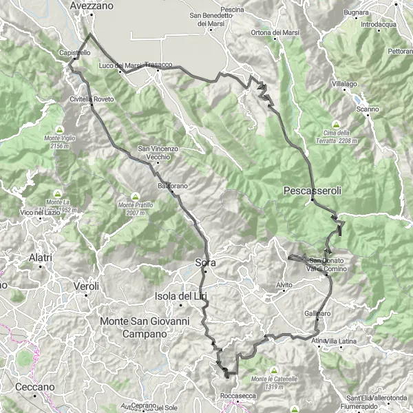 Miniature de la carte de l'inspiration cycliste "Tour panoramique de Gioia dei Marsi à Ortucchio" dans la Abruzzo, Italy. Générée par le planificateur d'itinéraire cycliste Tarmacs.app