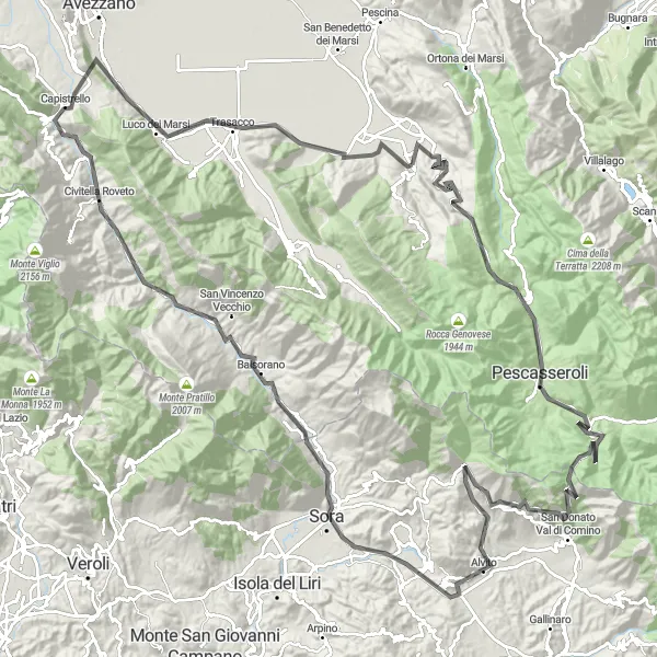 Miniatura mapy "Wycieczka szosowa z widokami na Monte Pizzuto i Sora" - trasy rowerowej w Abruzzo, Italy. Wygenerowane przez planer tras rowerowych Tarmacs.app