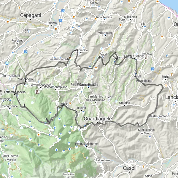 Miniatura della mappa di ispirazione al ciclismo "Giro in bici da Lettomanoppello attraverso Casalincontrada e Rapino" nella regione di Abruzzo, Italy. Generata da Tarmacs.app, pianificatore di rotte ciclistiche