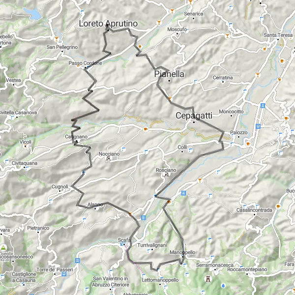 Miniatura della mappa di ispirazione al ciclismo "Tour delle Colline abruzzesi" nella regione di Abruzzo, Italy. Generata da Tarmacs.app, pianificatore di rotte ciclistiche