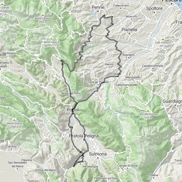 Map miniature of "Road Route to Sorgenti del Pescara" cycling inspiration in Abruzzo, Italy. Generated by Tarmacs.app cycling route planner