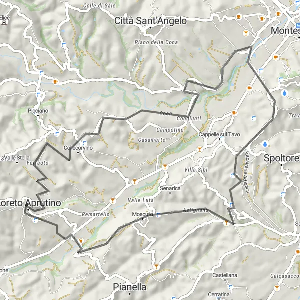 Miniature de la carte de l'inspiration cycliste "Loreto Aprutino - Collecorvino - Moscufo" dans la Abruzzo, Italy. Générée par le planificateur d'itinéraire cycliste Tarmacs.app