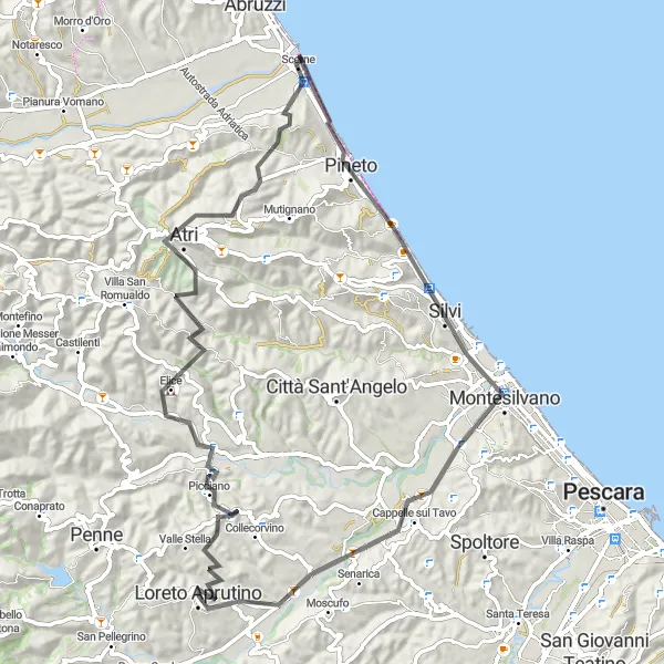 Miniature de la carte de l'inspiration cycliste "Les collines de Loreto Aprutino" dans la Abruzzo, Italy. Générée par le planificateur d'itinéraire cycliste Tarmacs.app