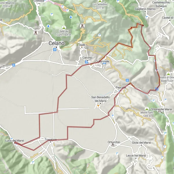 Map miniature of "The Gravel Road to Luco dei Marsi" cycling inspiration in Abruzzo, Italy. Generated by Tarmacs.app cycling route planner