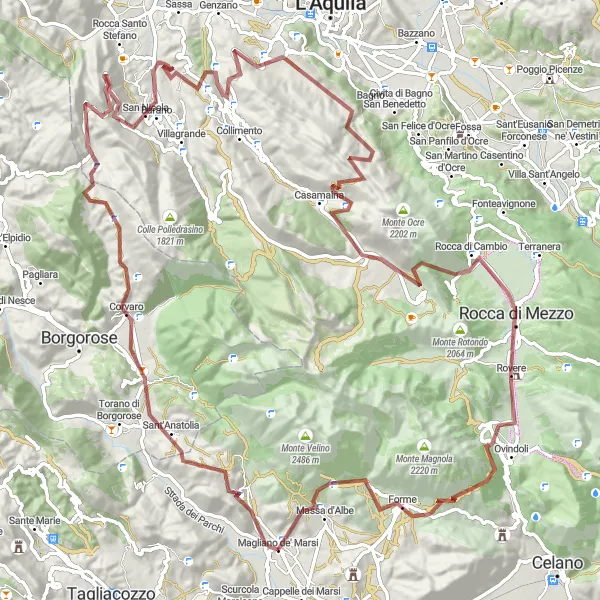 Map miniature of "The Majestic Gravel Adventure" cycling inspiration in Abruzzo, Italy. Generated by Tarmacs.app cycling route planner