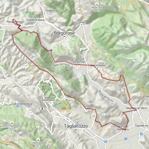 Miniature de la carte de l'inspiration cycliste "Scenic Gravel Route from Magliano De'Marsi to Monti Apennini" dans la Abruzzo, Italy. Générée par le planificateur d'itinéraire cycliste Tarmacs.app
