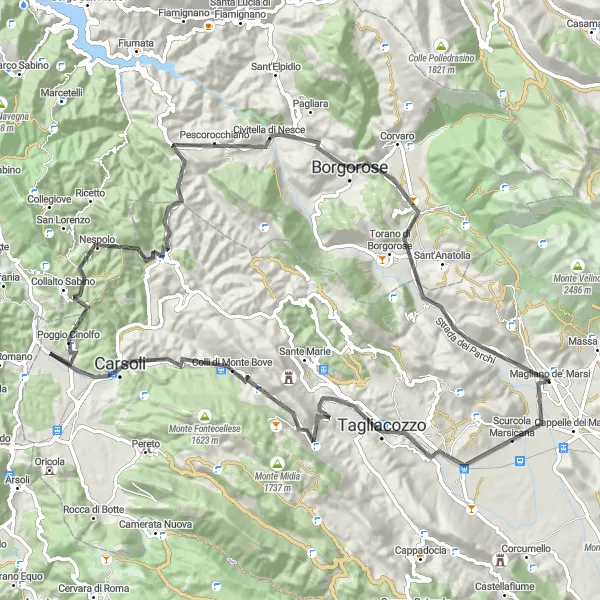 Map miniature of "Tagliacozzo Loop" cycling inspiration in Abruzzo, Italy. Generated by Tarmacs.app cycling route planner
