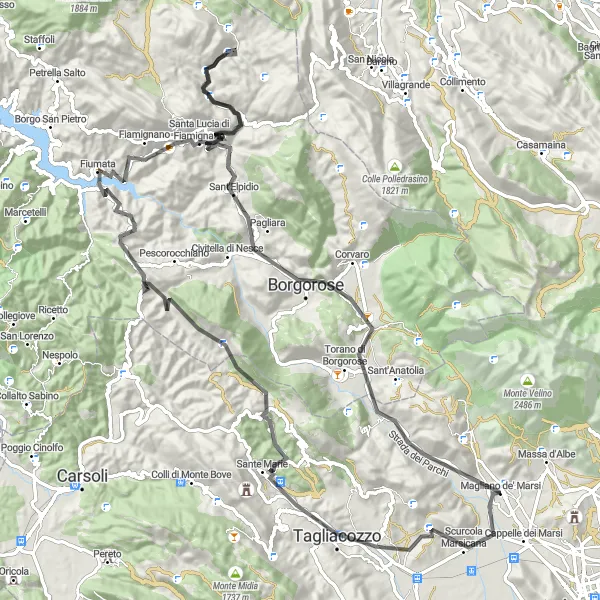 Miniatuurkaart van de fietsinspiratie "Uitdagende bergtocht van Magliano De'Marsi" in Abruzzo, Italy. Gemaakt door de Tarmacs.app fietsrouteplanner