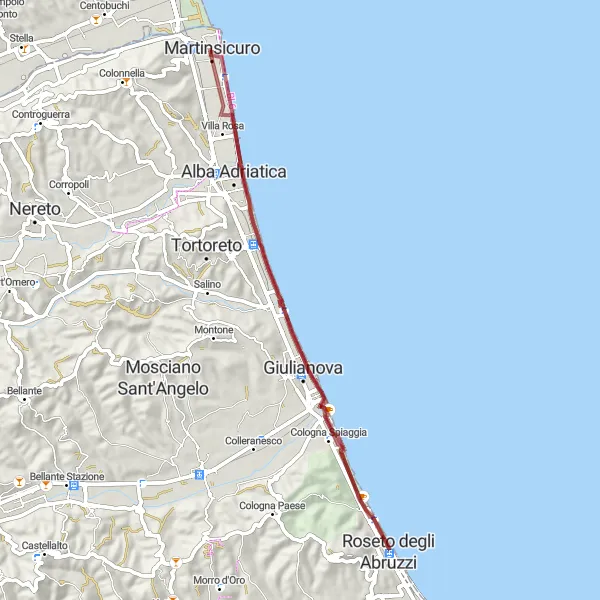 Miniature de la carte de l'inspiration cycliste "Aventures en gravel de Martinsicuro à Giulianova" dans la Abruzzo, Italy. Générée par le planificateur d'itinéraire cycliste Tarmacs.app