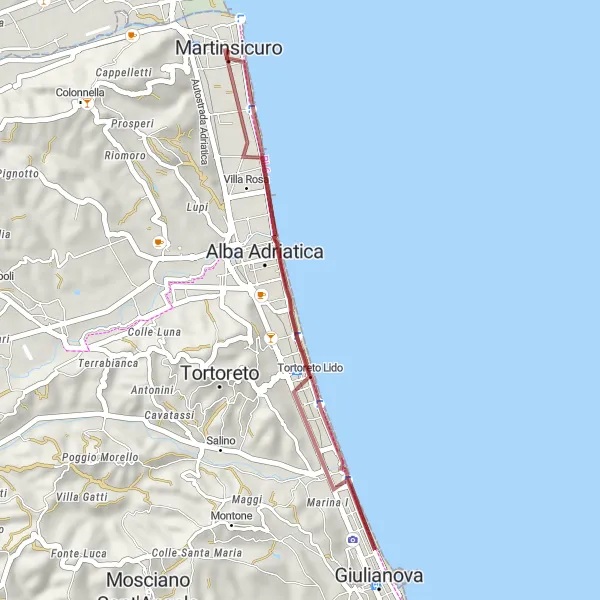 Miniatura mapy "Relaksująca trasa gravelowa od Martinsicuro do Giulianova" - trasy rowerowej w Abruzzo, Italy. Wygenerowane przez planer tras rowerowych Tarmacs.app
