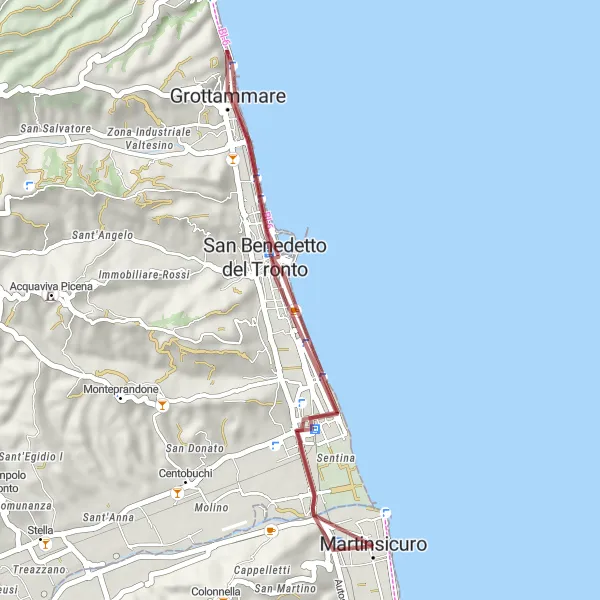 Miniatura della mappa di ispirazione al ciclismo "Percorso gravel da Martinsicuro a Torre Guelfa" nella regione di Abruzzo, Italy. Generata da Tarmacs.app, pianificatore di rotte ciclistiche