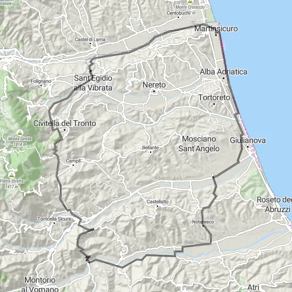 Miniatura della mappa di ispirazione al ciclismo "Giro in bicicletta da Martinsicuro ad Abruzzo" nella regione di Abruzzo, Italy. Generata da Tarmacs.app, pianificatore di rotte ciclistiche
