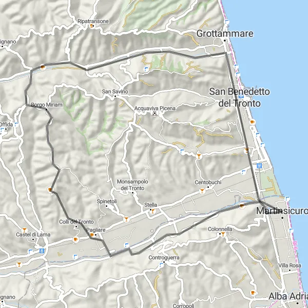 Miniature de la carte de l'inspiration cycliste "Parcours côtier de Martinsicuro à Porto d'Ascoli" dans la Abruzzo, Italy. Générée par le planificateur d'itinéraire cycliste Tarmacs.app
