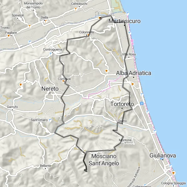Miniatura mapy "Szosowa trasa rowerowa wokół Tortoreto" - trasy rowerowej w Abruzzo, Italy. Wygenerowane przez planer tras rowerowych Tarmacs.app
