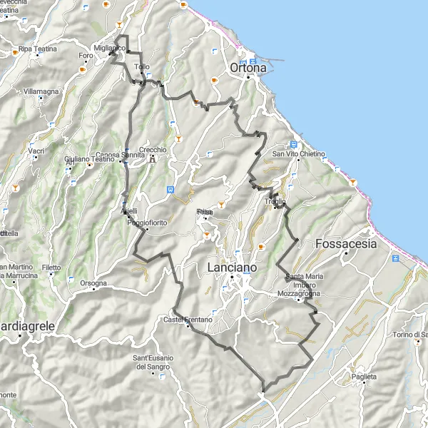 Map miniature of "The Mountains and Villages Loop" cycling inspiration in Abruzzo, Italy. Generated by Tarmacs.app cycling route planner