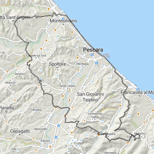 Map miniature of "The Coastal Adventure" cycling inspiration in Abruzzo, Italy. Generated by Tarmacs.app cycling route planner