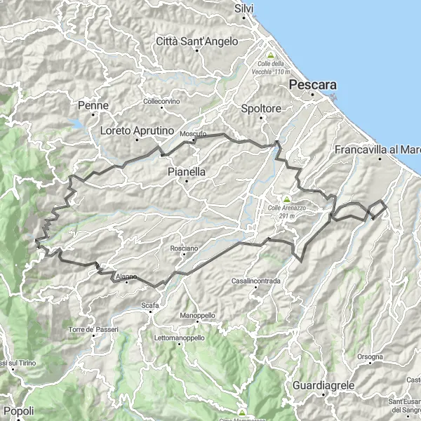 Map miniature of "The Hills of Miglianico" cycling inspiration in Abruzzo, Italy. Generated by Tarmacs.app cycling route planner