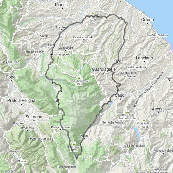 Map miniature of "A Ride through Majestic Mountains and Pristine Nature" cycling inspiration in Abruzzo, Italy. Generated by Tarmacs.app cycling route planner
