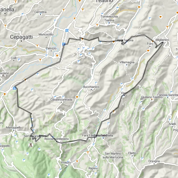 Miniatuurkaart van de fietsinspiratie "Fietsroute met 1142m stijging en 66km afstand" in Abruzzo, Italy. Gemaakt door de Tarmacs.app fietsrouteplanner
