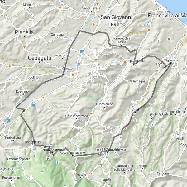 Map miniature of "Journey to Villanova from Vacri" cycling inspiration in Abruzzo, Italy. Generated by Tarmacs.app cycling route planner