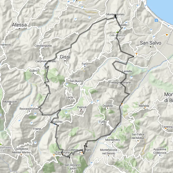 Miniature de la carte de l'inspiration cycliste "Défi des Montagnes Abruzzaises" dans la Abruzzo, Italy. Générée par le planificateur d'itinéraire cycliste Tarmacs.app
