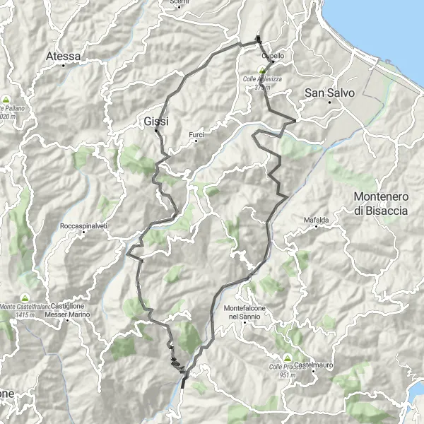 Map miniature of "Monte Calvario Circular Ride" cycling inspiration in Abruzzo, Italy. Generated by Tarmacs.app cycling route planner