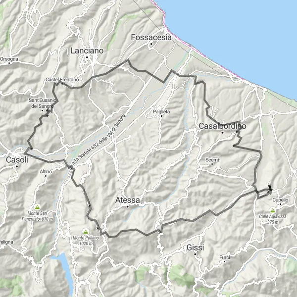 Map miniature of "Abruzzo Hills Grand Tour" cycling inspiration in Abruzzo, Italy. Generated by Tarmacs.app cycling route planner