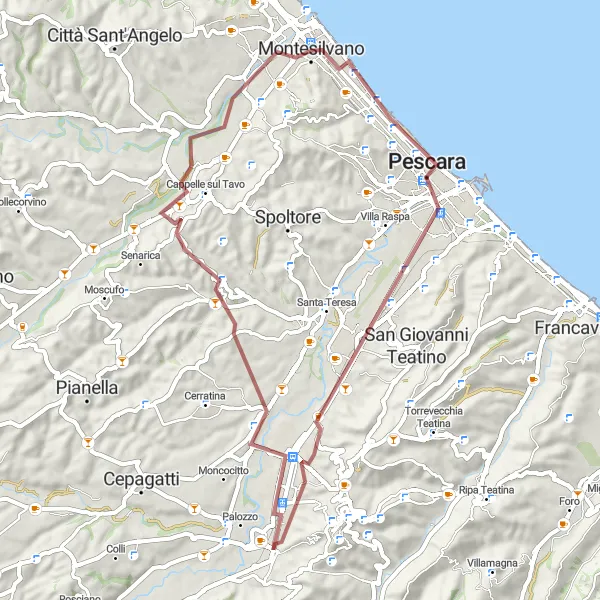 Miniatura della mappa di ispirazione al ciclismo "Avventura Gravel alla Scoperta di Pescara" nella regione di Abruzzo, Italy. Generata da Tarmacs.app, pianificatore di rotte ciclistiche
