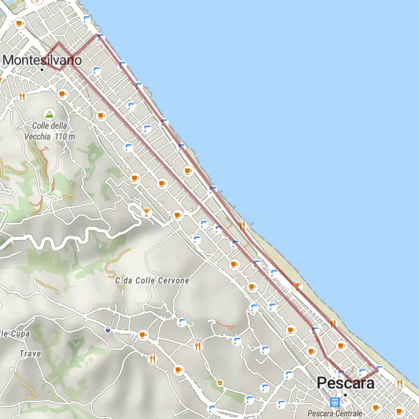 Map miniature of "Gravel Adventure near Montesilvano" cycling inspiration in Abruzzo, Italy. Generated by Tarmacs.app cycling route planner