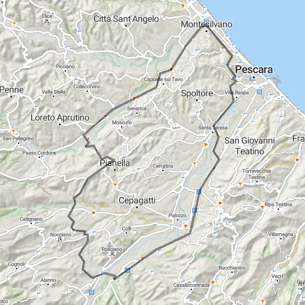 Miniatura della mappa di ispirazione al ciclismo "Esplorazione delle Colline Abruzzesi" nella regione di Abruzzo, Italy. Generata da Tarmacs.app, pianificatore di rotte ciclistiche