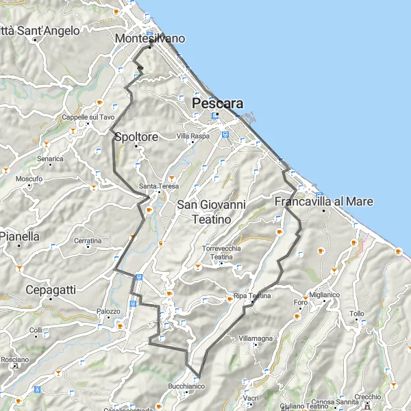 Map miniature of "Pescara and Mountain Challenge" cycling inspiration in Abruzzo, Italy. Generated by Tarmacs.app cycling route planner