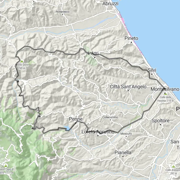Miniature de la carte de l'inspiration cycliste "Le tour des collines Abruzzese" dans la Abruzzo, Italy. Générée par le planificateur d'itinéraire cycliste Tarmacs.app