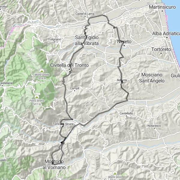 Miniatuurkaart van de fietsinspiratie "Langs de heuvels van Abruzzo" in Abruzzo, Italy. Gemaakt door de Tarmacs.app fietsrouteplanner