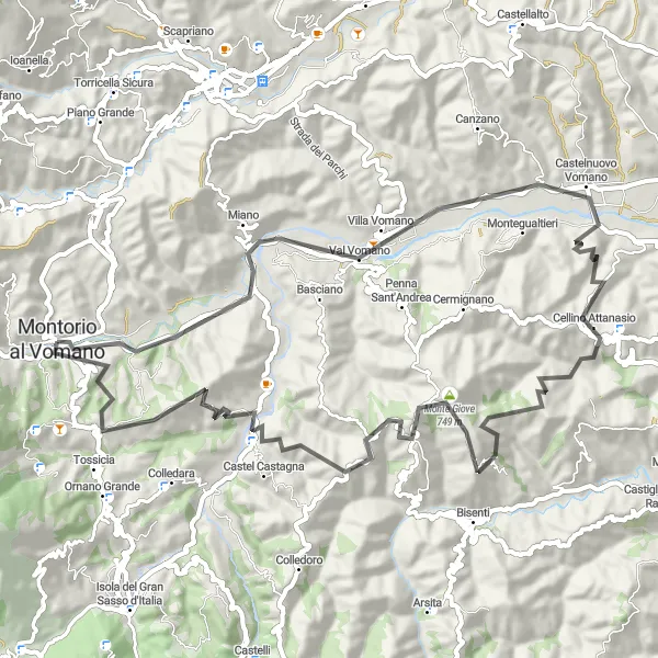 Miniatuurkaart van de fietsinspiratie "Klimmen en dalen rond Montorio al Vomano" in Abruzzo, Italy. Gemaakt door de Tarmacs.app fietsrouteplanner