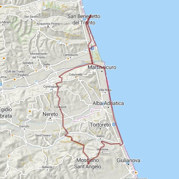 Map miniature of "Gravel Adventure from Mosciano Sant'Angelo to Alba Adriatica" cycling inspiration in Abruzzo, Italy. Generated by Tarmacs.app cycling route planner