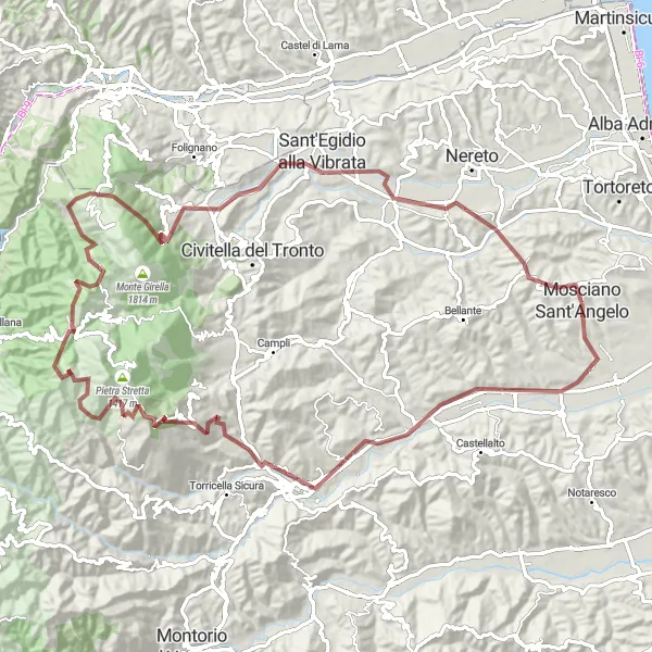 Miniatura della mappa di ispirazione al ciclismo "Tour delle Colline Teramane" nella regione di Abruzzo, Italy. Generata da Tarmacs.app, pianificatore di rotte ciclistiche