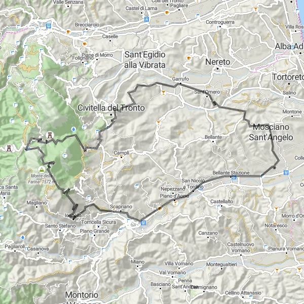 Map miniature of "Mosciano Sant'Angelo Loop via San Nicolò a Tordino and Teramo" cycling inspiration in Abruzzo, Italy. Generated by Tarmacs.app cycling route planner