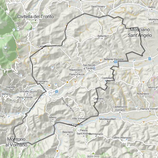 Map miniature of "Mosciano Sant'Angelo Loop via Canzano and Teramo" cycling inspiration in Abruzzo, Italy. Generated by Tarmacs.app cycling route planner
